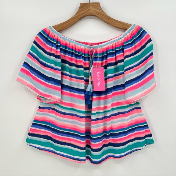 Lilly Pulitzer Off the Shoulder Sain Top in Sandy Shell Stripe Multicolor Size S - Picture 3 of 12